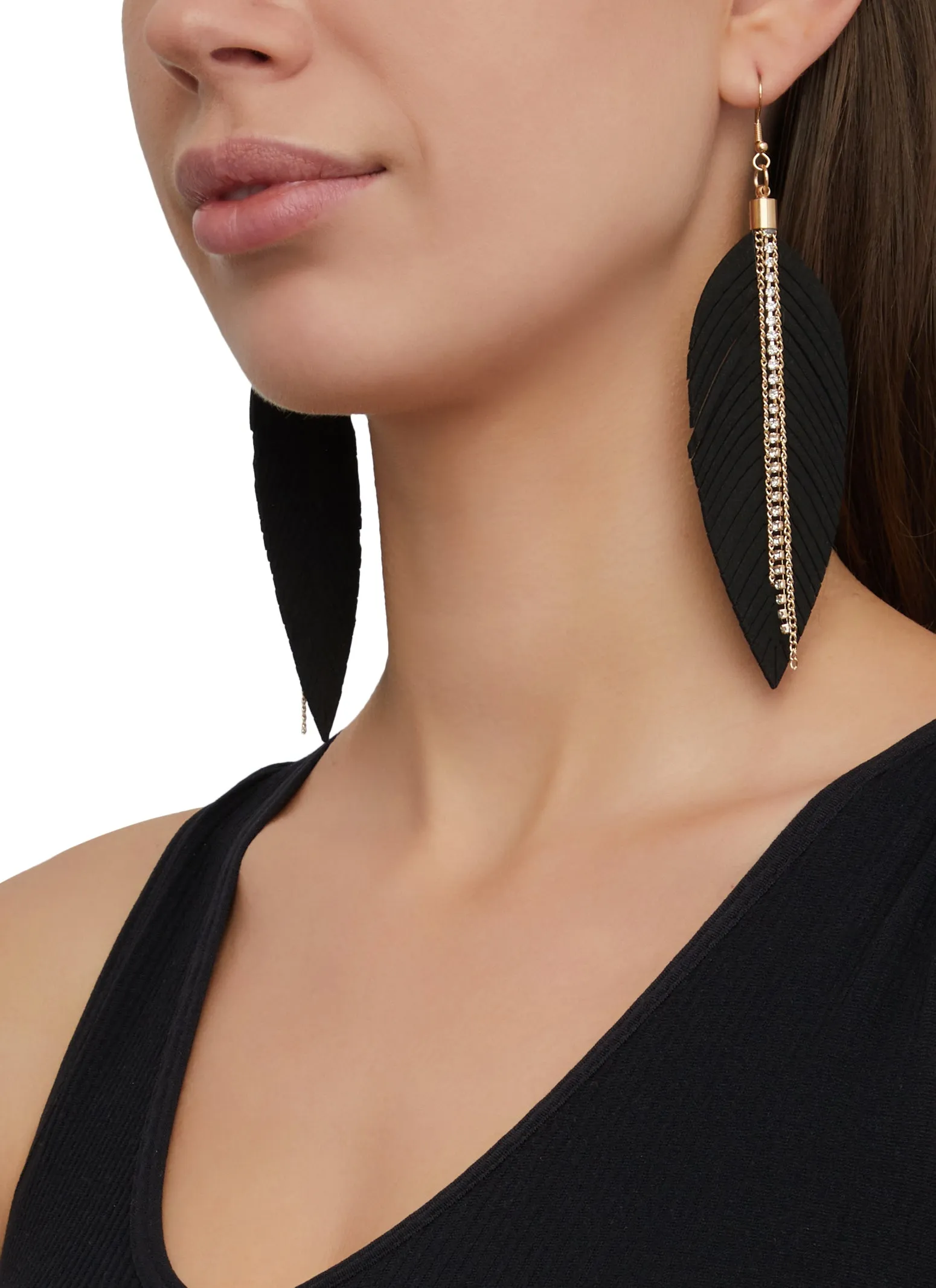 Rhinestone Faux Suede Leaf Drop Earrings sold by Rainbow