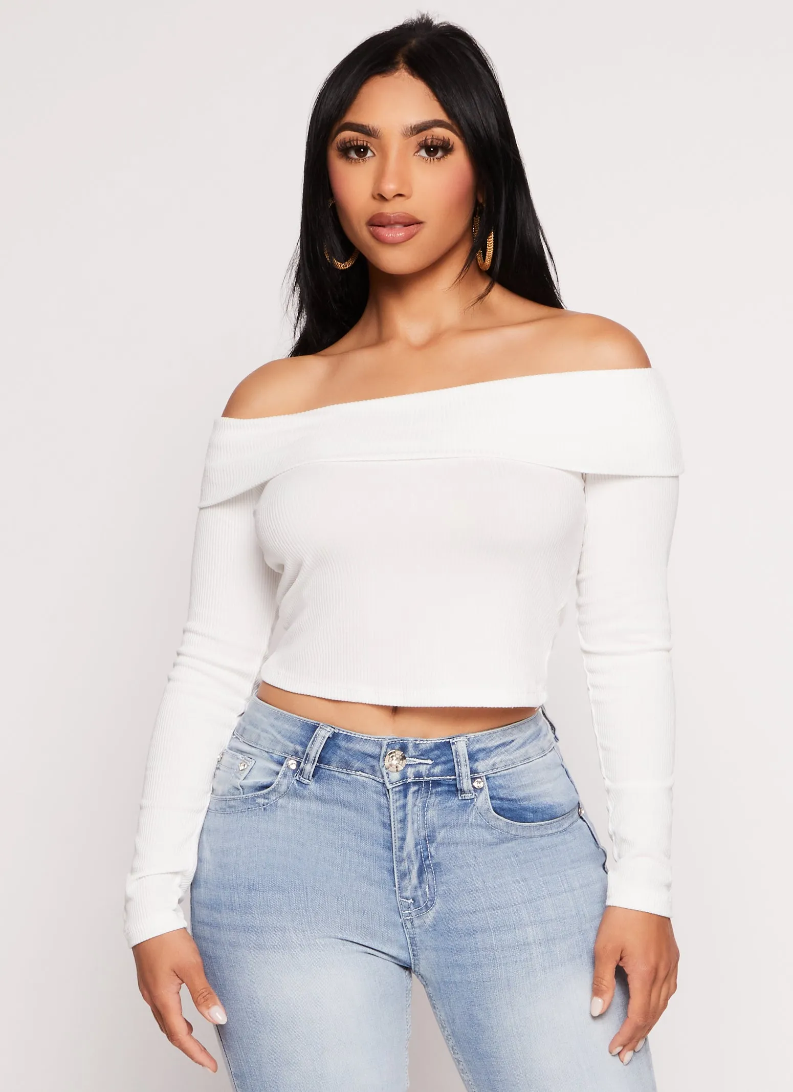 Iris Long Sleeve Off the Shoulder Crop Top sold by Rainbow