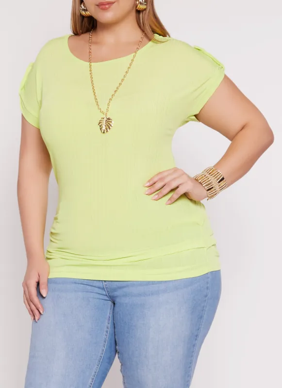 Plus Size Tabbed Short Sleeve Top with Necklace sold by Rainbow