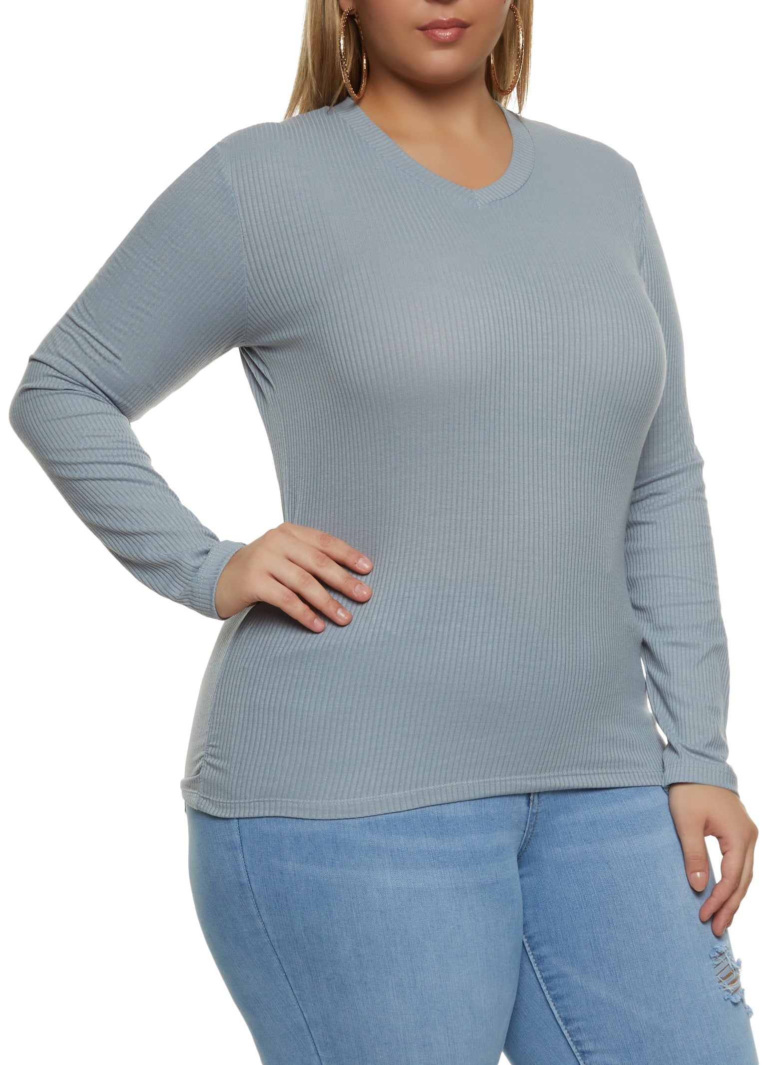Plus Size Ribbed V Neck Ruched Side Tee sold by Rainbow
