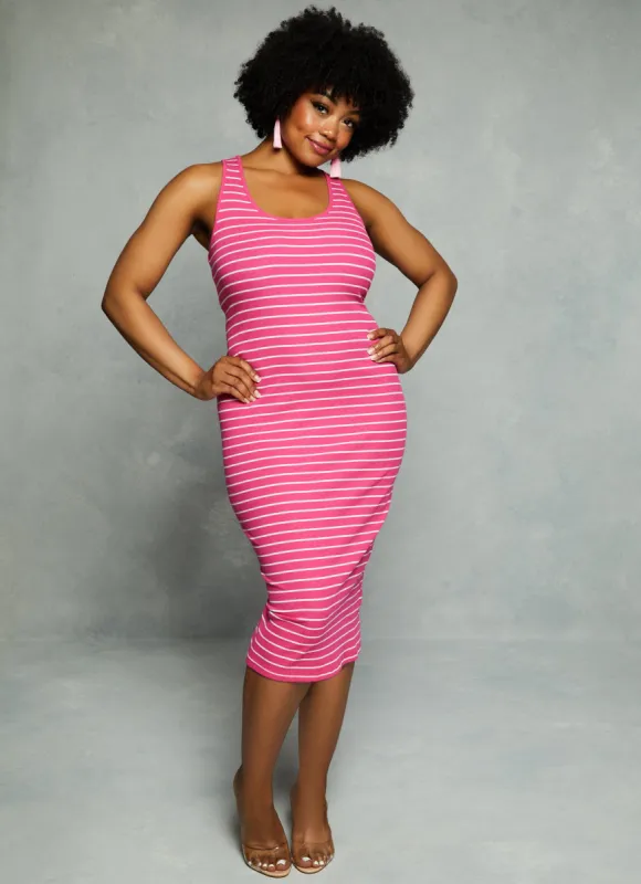 Plus Size Rib Knit Striped Midi Tank Dress sold by Rainbow