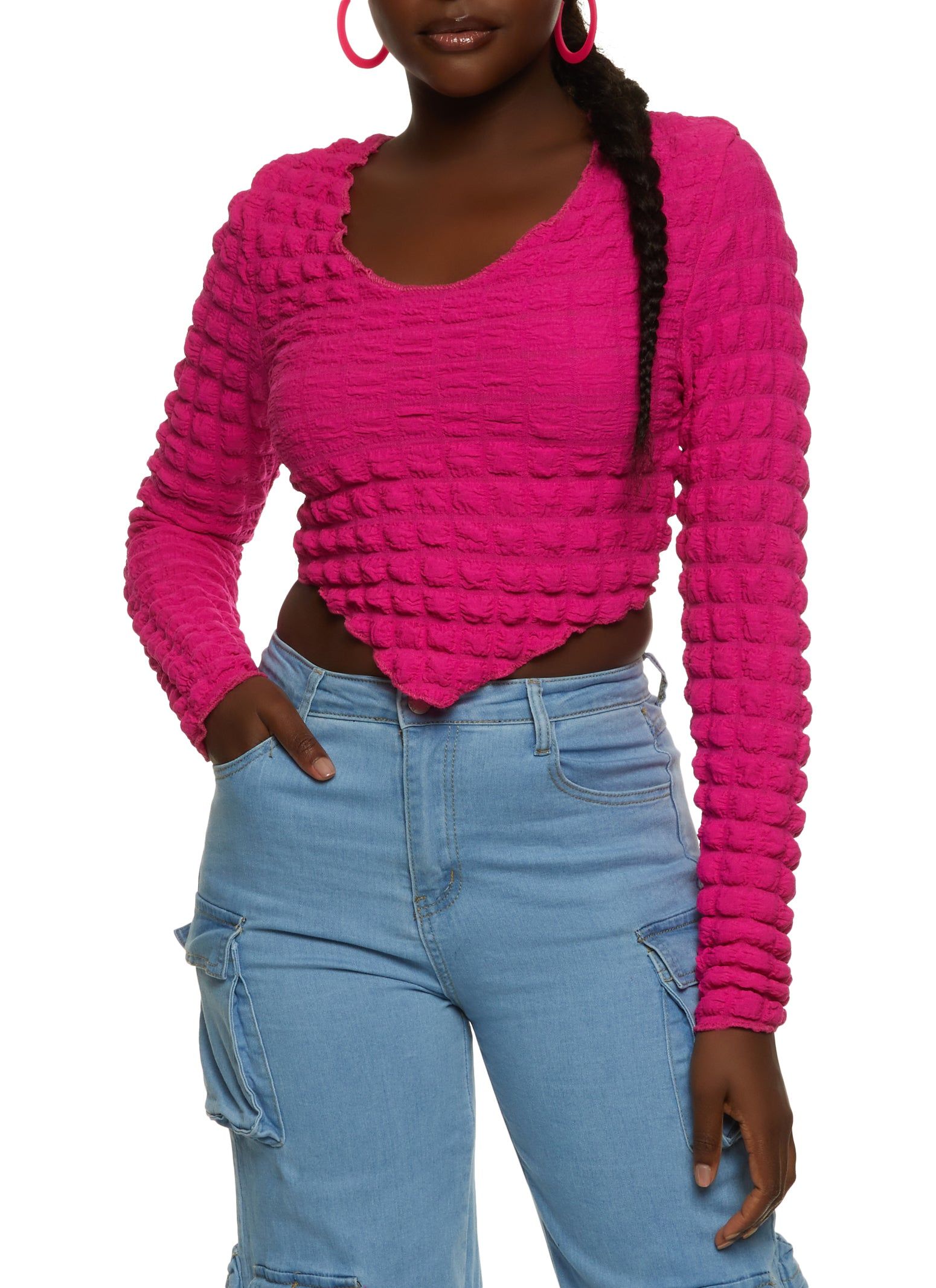 Bubble Knit Hanky Hem Long Sleeve Top sold by Rainbow