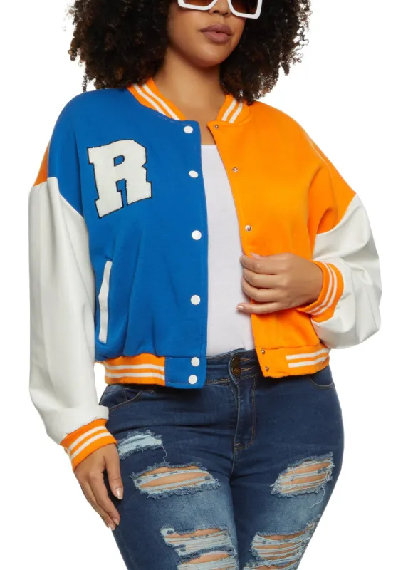 Plus Size Color Block Chenille Patch Cropped Varsity Jacket sold by Rainbow