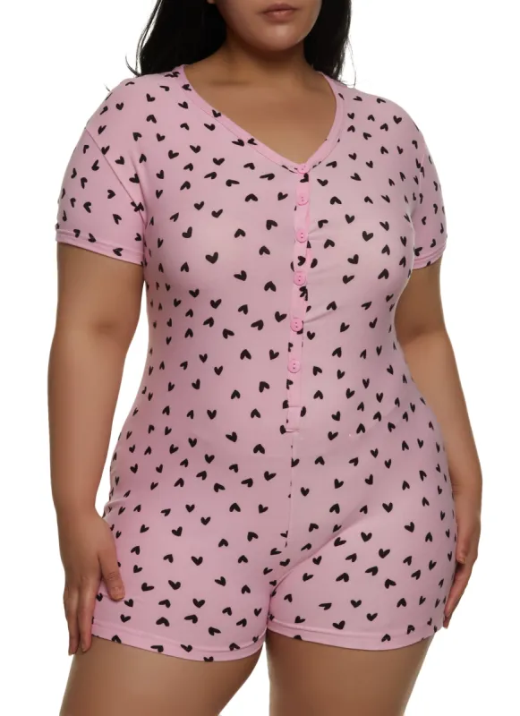 Plus Size Kiss Me Heart Print Pajama Romper sold by Rainbow