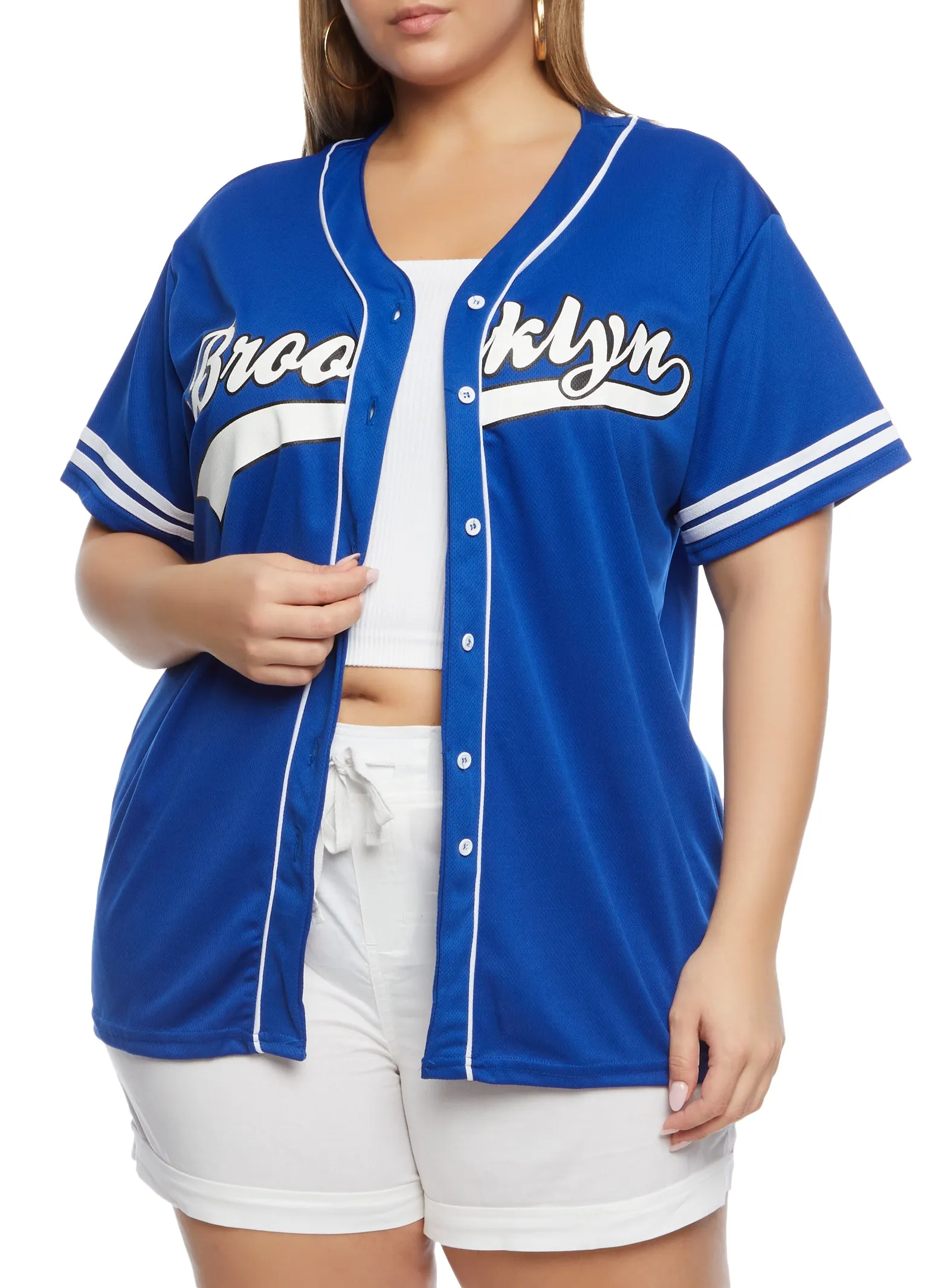 Plus Size Brooklyn Button Front Baseball Shirt sold by Rainbow