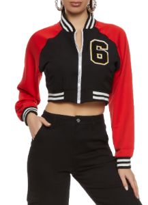 6 Chenille Patch Zip Front Cropped Varsity Jacket sold by Rainbow