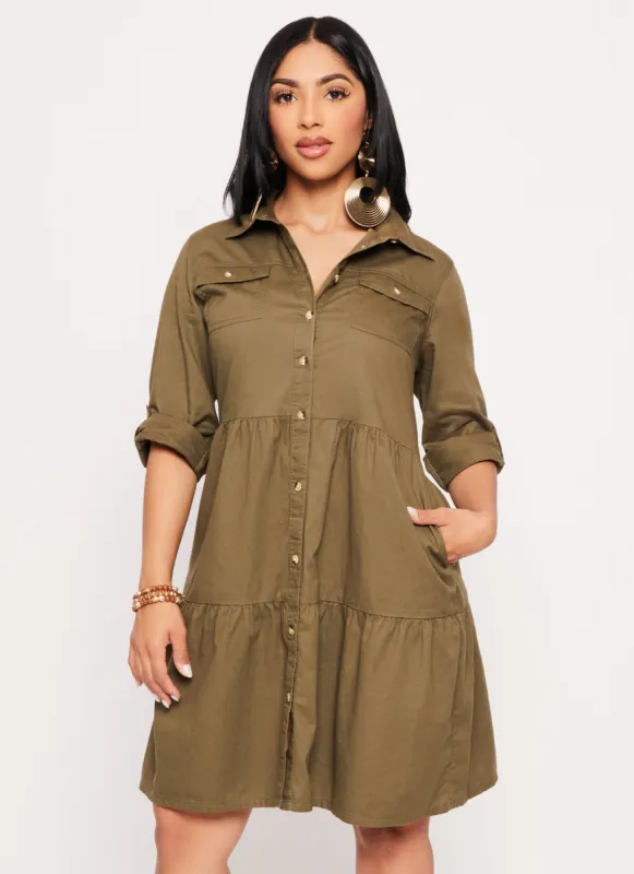 Twill Button Front Tiered Shirt Dress sold by Rainbow