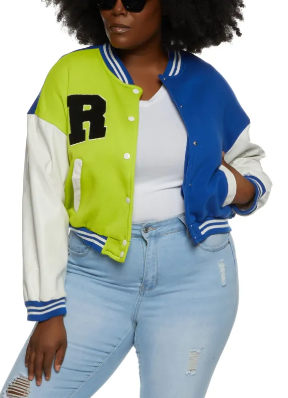 Plus Size Color Block Chenille Patch Cropped Varsity Jacket sold by Rainbow
