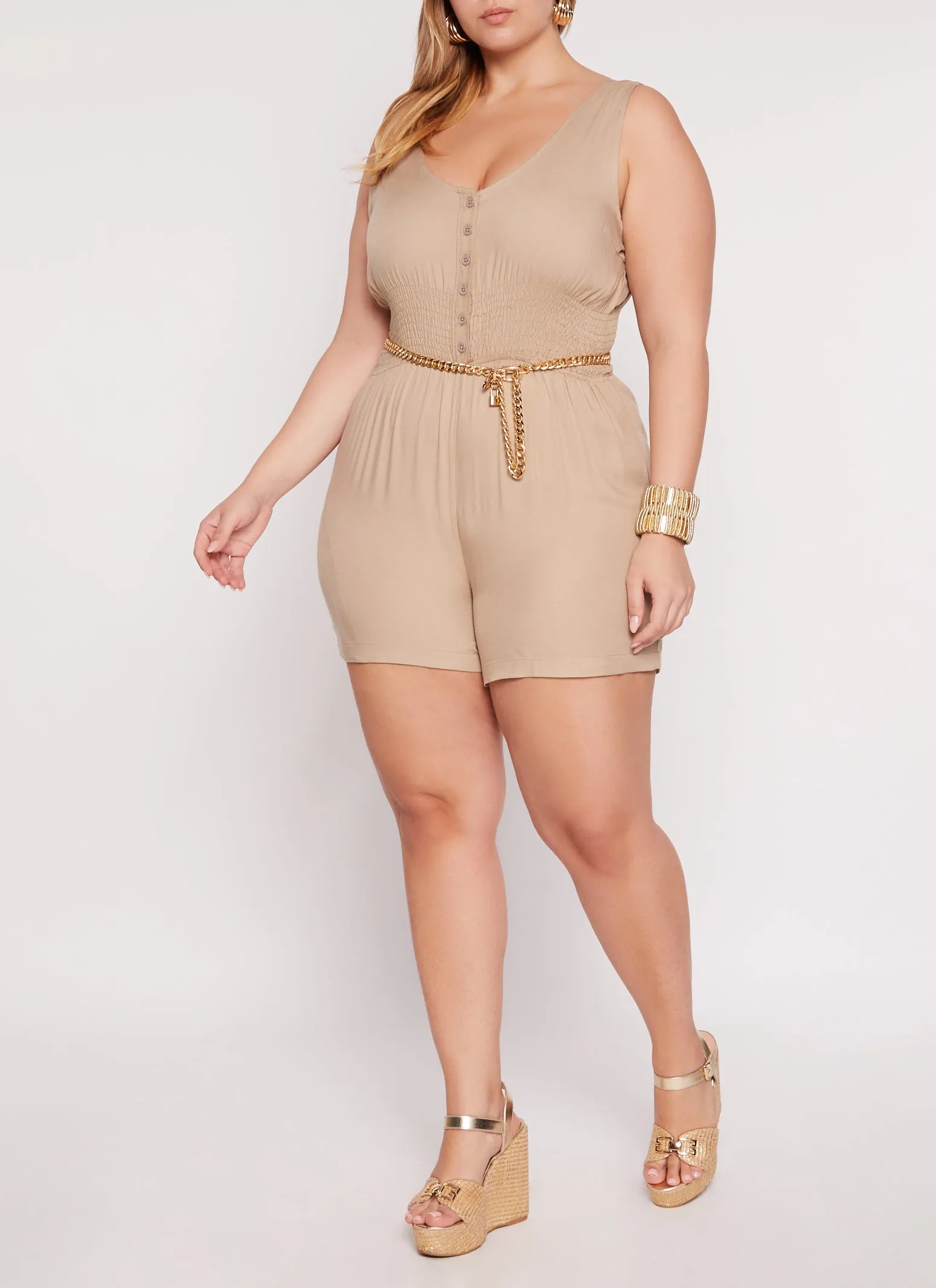 Plus Size Twill Button Front Smocked Waist Romper sold by Rainbow product image thumbnail 2