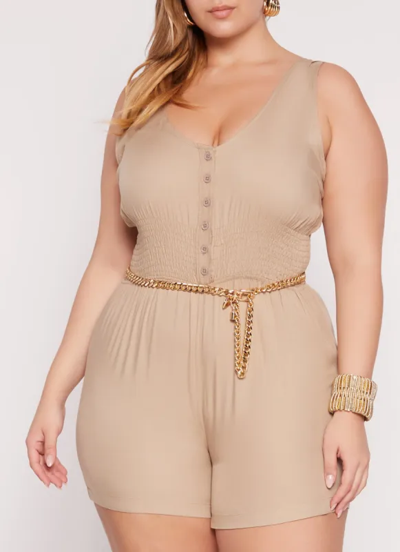 Plus Size Twill Button Front Smocked Waist Romper sold by Rainbow