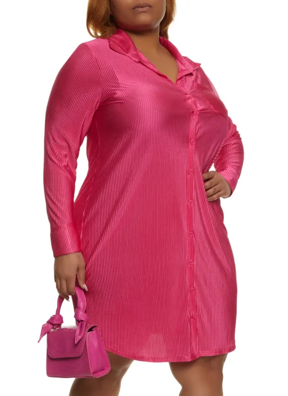 Plus Size Plisse Long Sleeve Shirt Dress sold by Rainbow