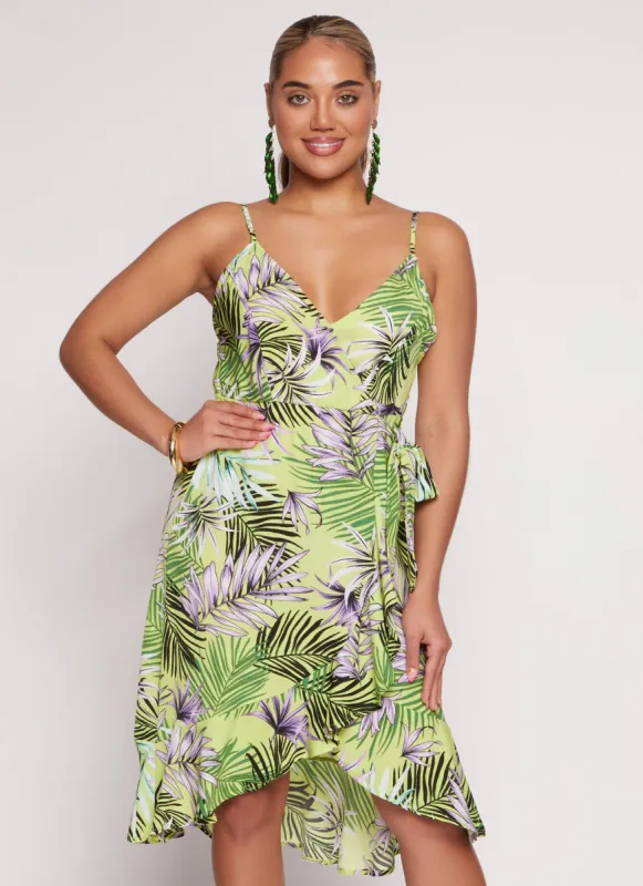 Tropical Print Faux Wrap Tulip Hem Dress sold by Rainbow