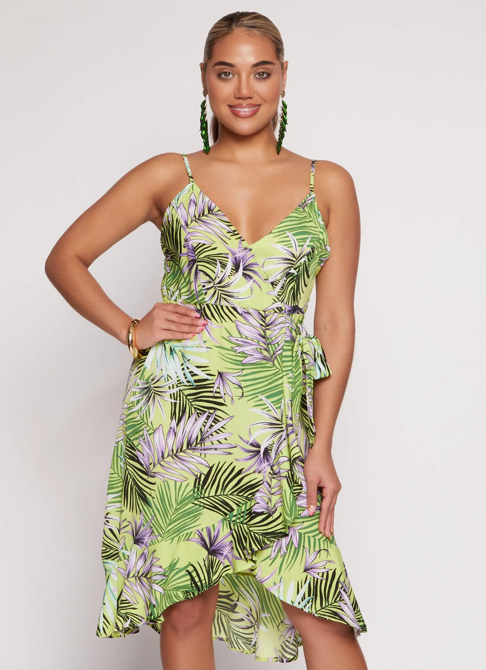 Tropical Print Faux Wrap Tulip Hem Dress sold by Rainbow