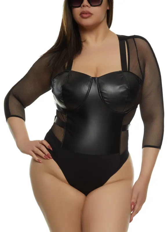Plus Size Faux Leather Mesh Sleeve Keyhole Bustier Bodysuit sold by Rainbow