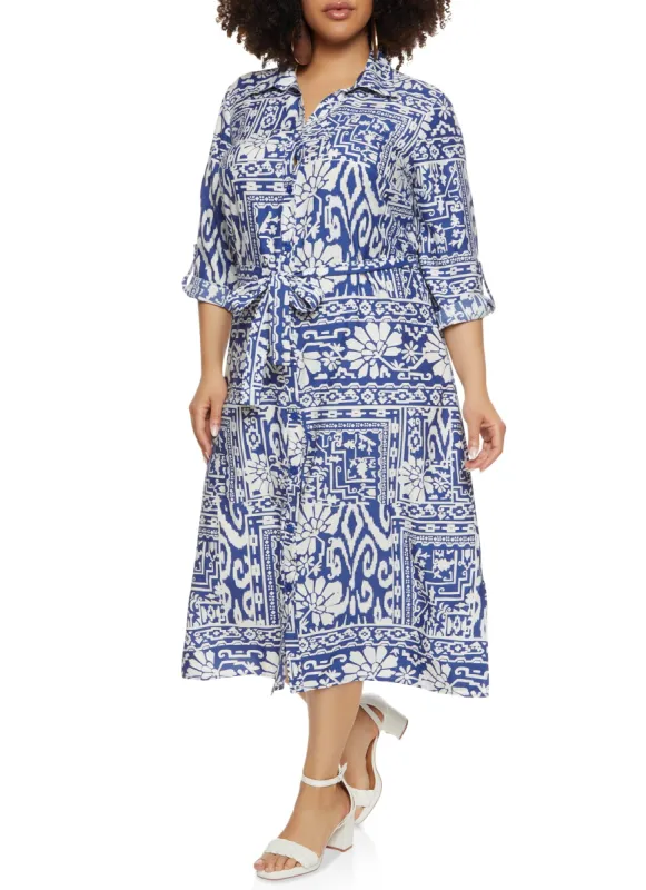 Plus Size Border Print Belted Shirt Dress sold by Rainbow