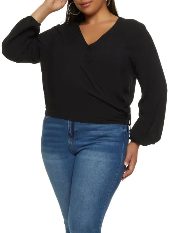 Plus Size Puff Sleeve Side Tie Wrap Top sold by Rainbow