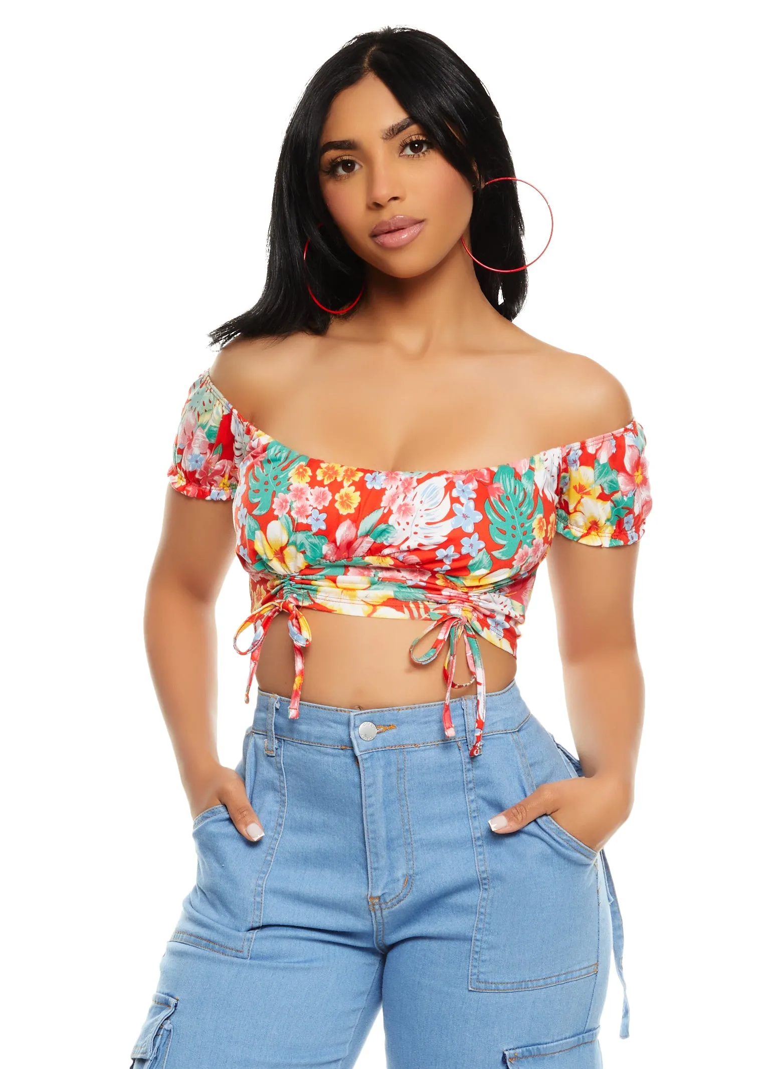 Almost Famous Printed Ruched Off the Shoulder Crop Top sold by Rainbow