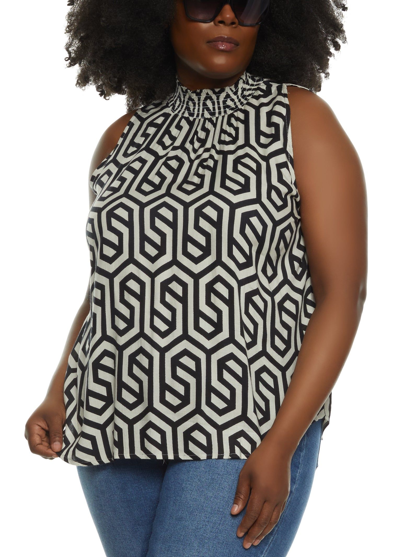Plus Size Geometric Print Mock Neck Blouse sold by Rainbow