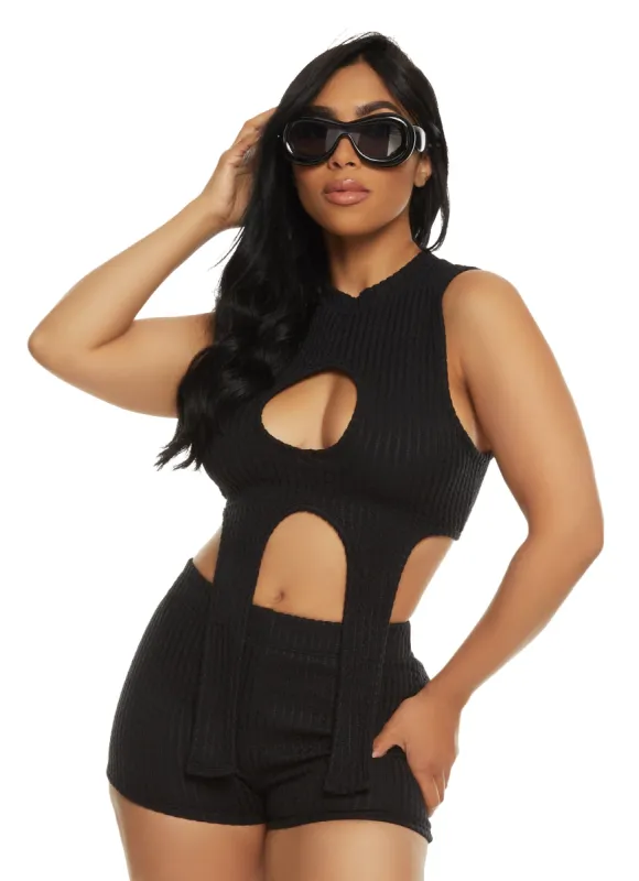 Ribbed Mock Neck Cut Out Crop Top sold by Rainbow