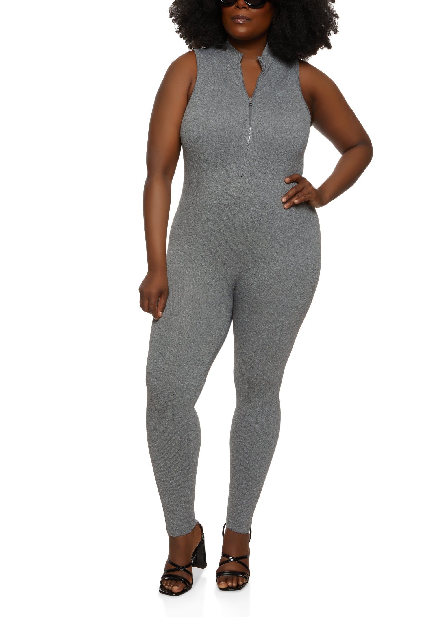 Plus Size Sleeveless Half Zip Catsuit sold by Rainbow