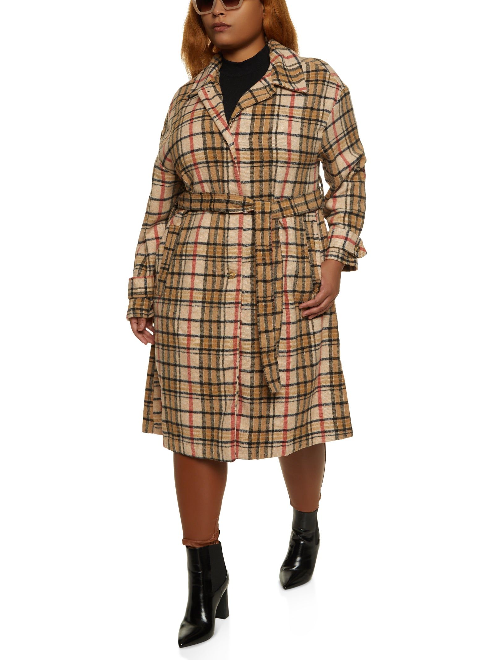 Plus Size Brushed Knit Plaid Belted Longline Shacket sold by Rainbow product image thumbnail 2