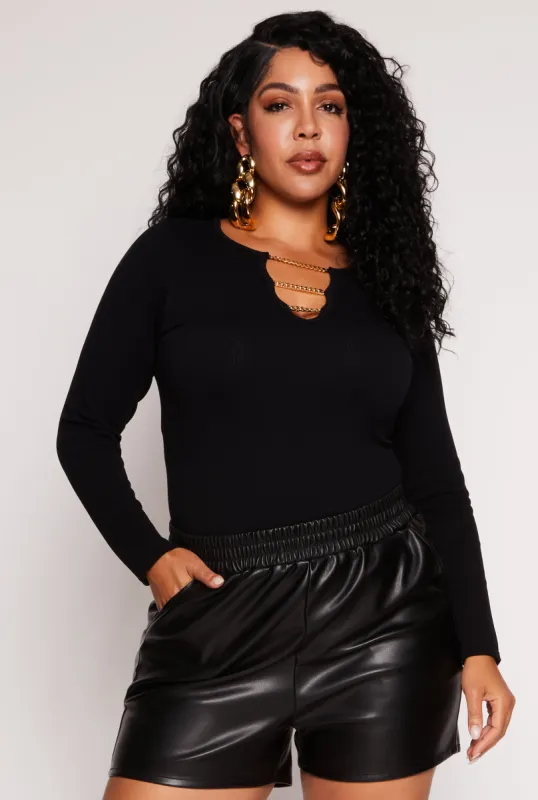 Plus Size Seamless Chain Notch Neck Long Sleeve Top sold by Rainbow