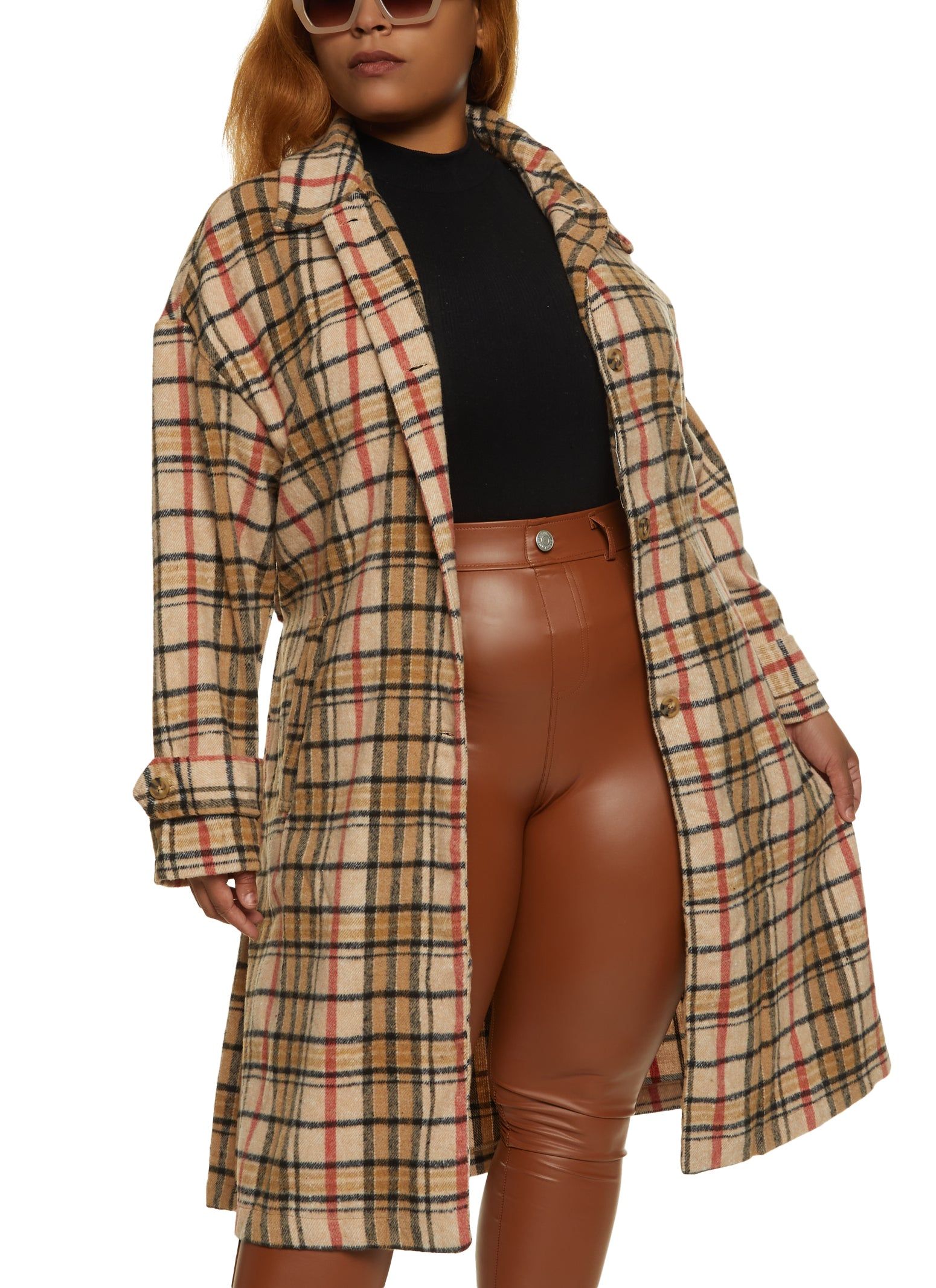 Plus Size Brushed Knit Plaid Belted Longline Shacket sold by Rainbow