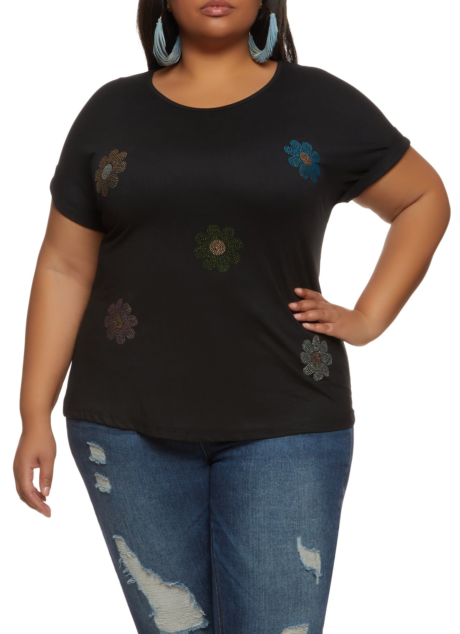 Plus Size Rhinestone Daisy Graphic Tee sold by Rainbow