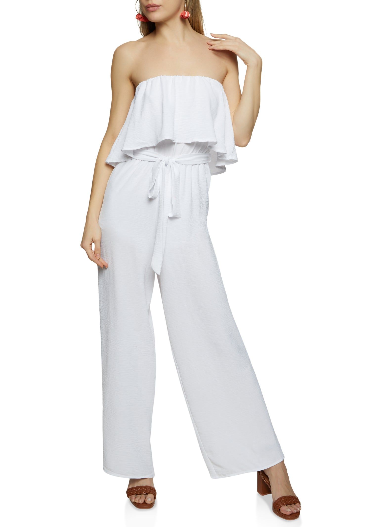 Ruffled Strapless Tie Waist Wide Leg Jumpsuit sold by Rainbow