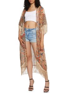 Boho Feather Print Fringe Hem Kimono sold by Rainbow