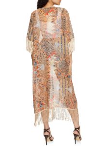 Boho Feather Print Fringe Hem Kimono sold by Rainbow