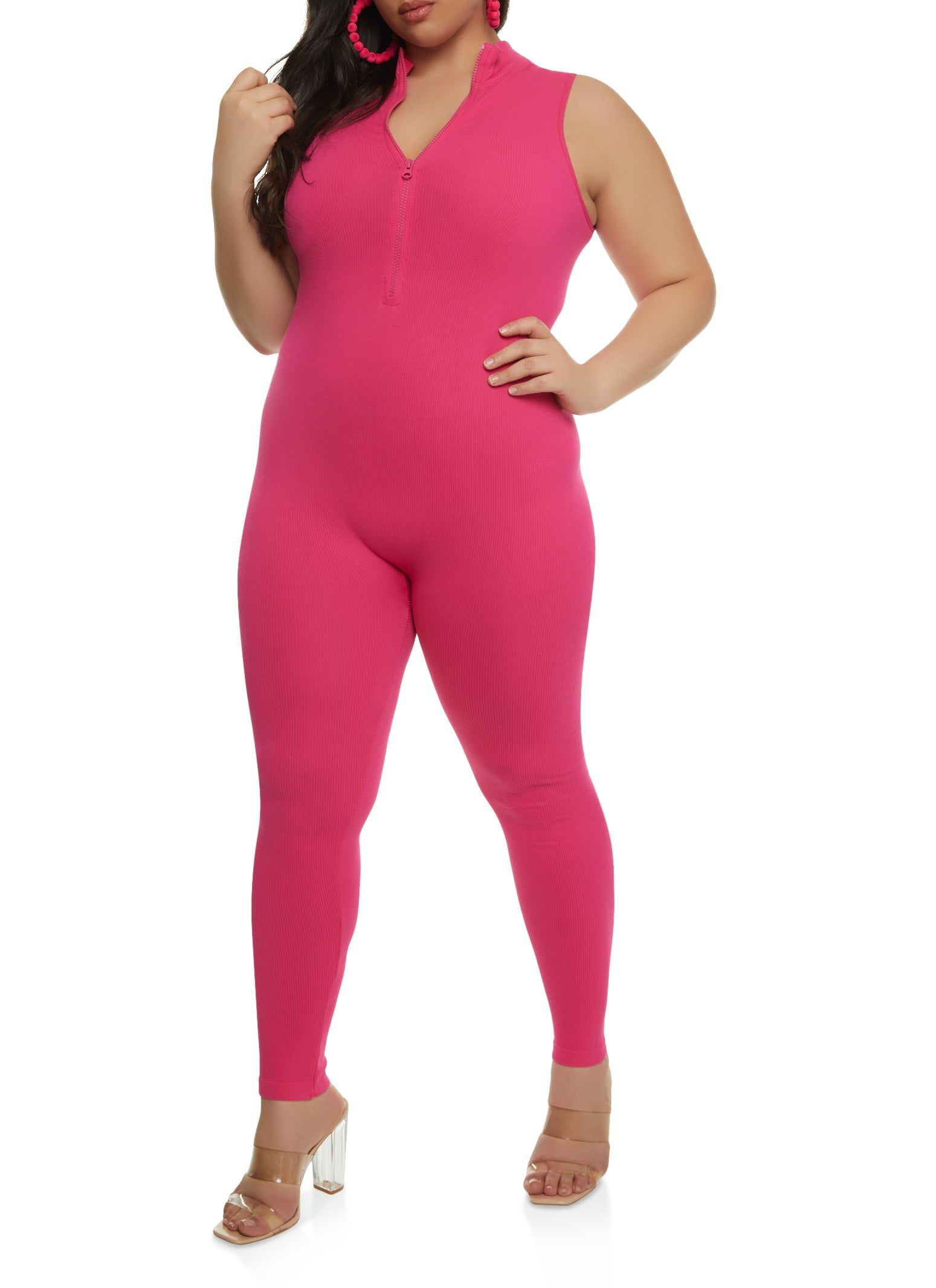 Plus Size Sleeveless Half Zip Catsuit sold by Rainbow