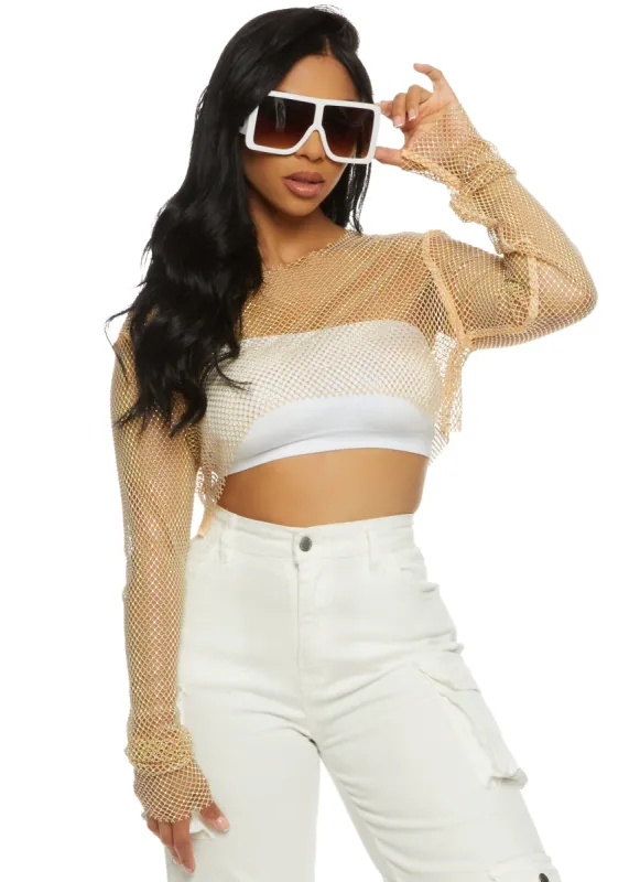 Rhinestone Fishnet Cropped Long Sleeve Top sold by Rainbow