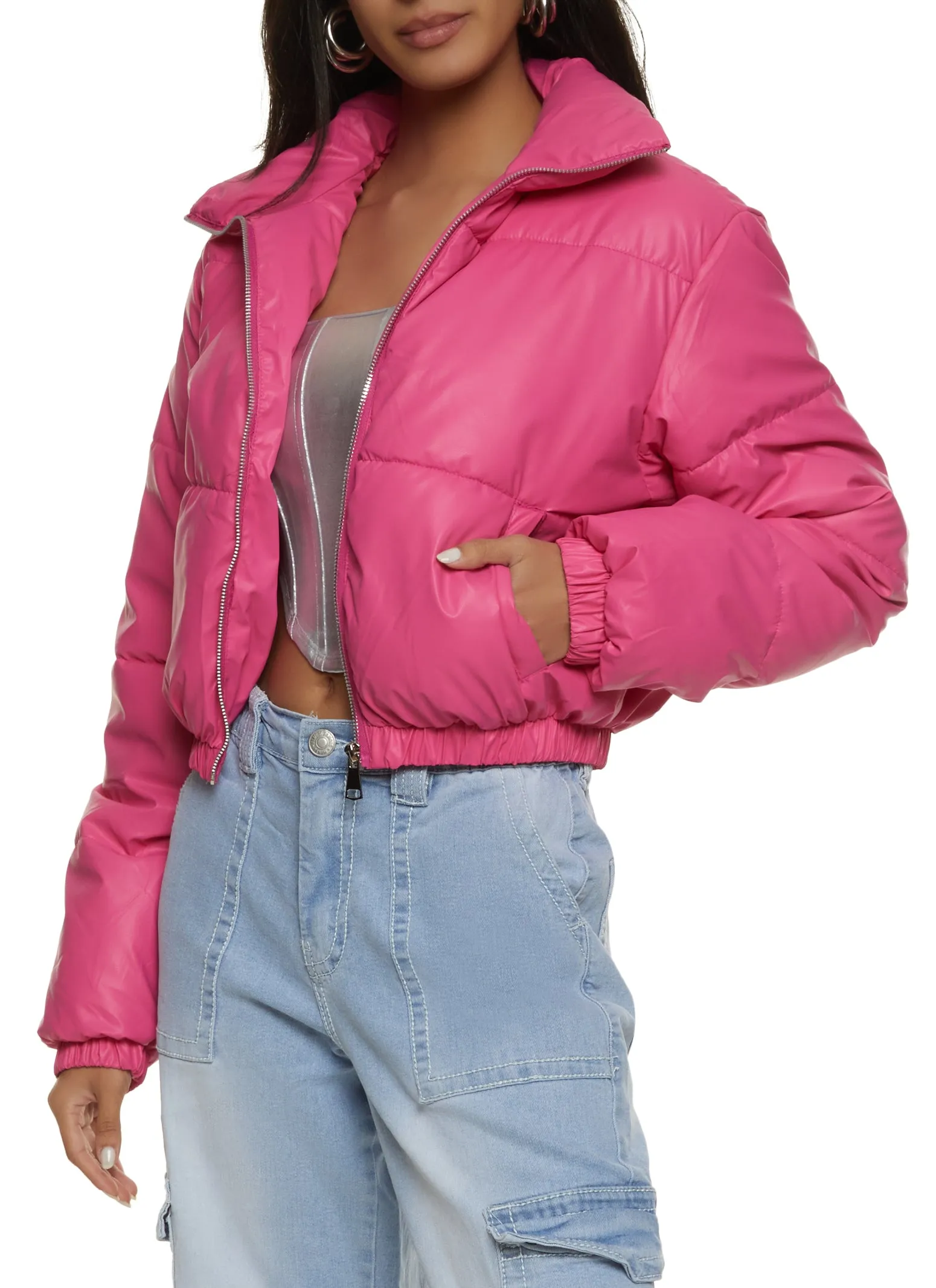 Faux Leather Zip Front Cropped Puffer Jacket sold by Rainbow