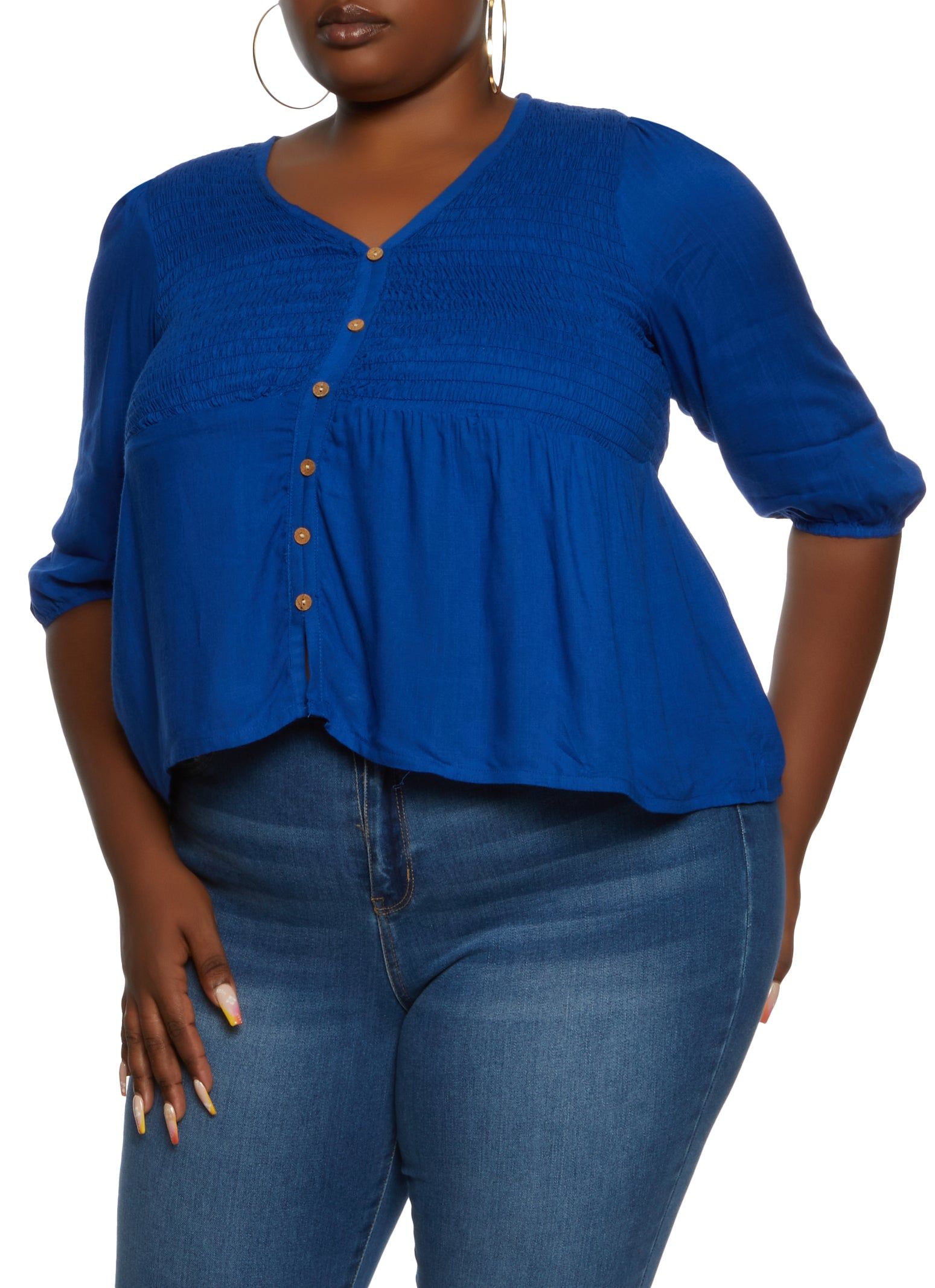 Plus Size Smocked Button Detail Top sold by Rainbow