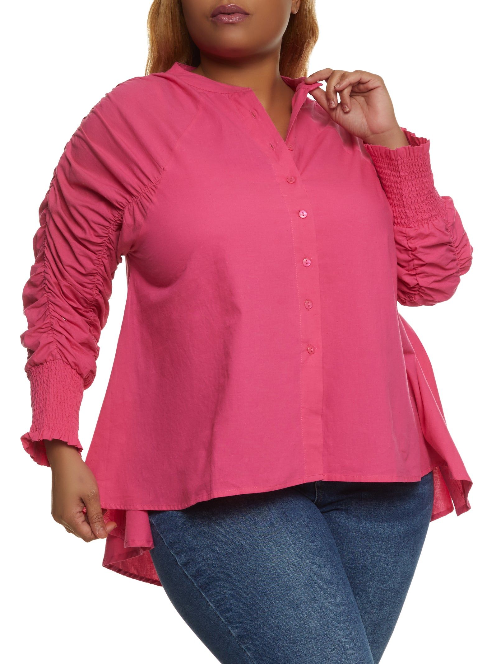 Plus Size Ruched Smocked Sleeve High Low Shirt sold by Rainbow