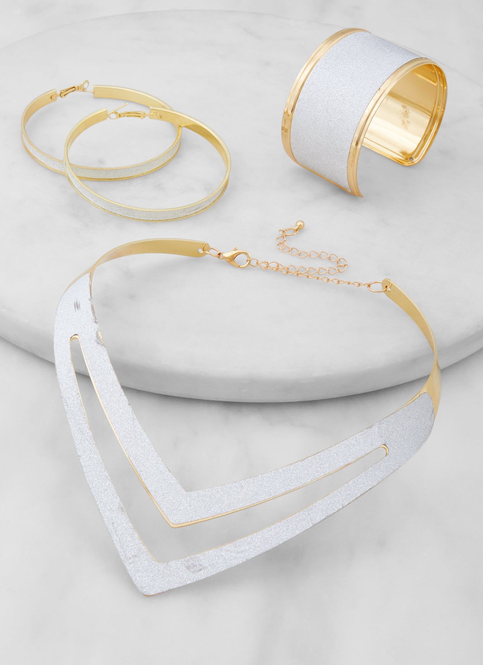 Glitter Collar Necklace with Bracelet and Hoop Earrings sold by Rainbow