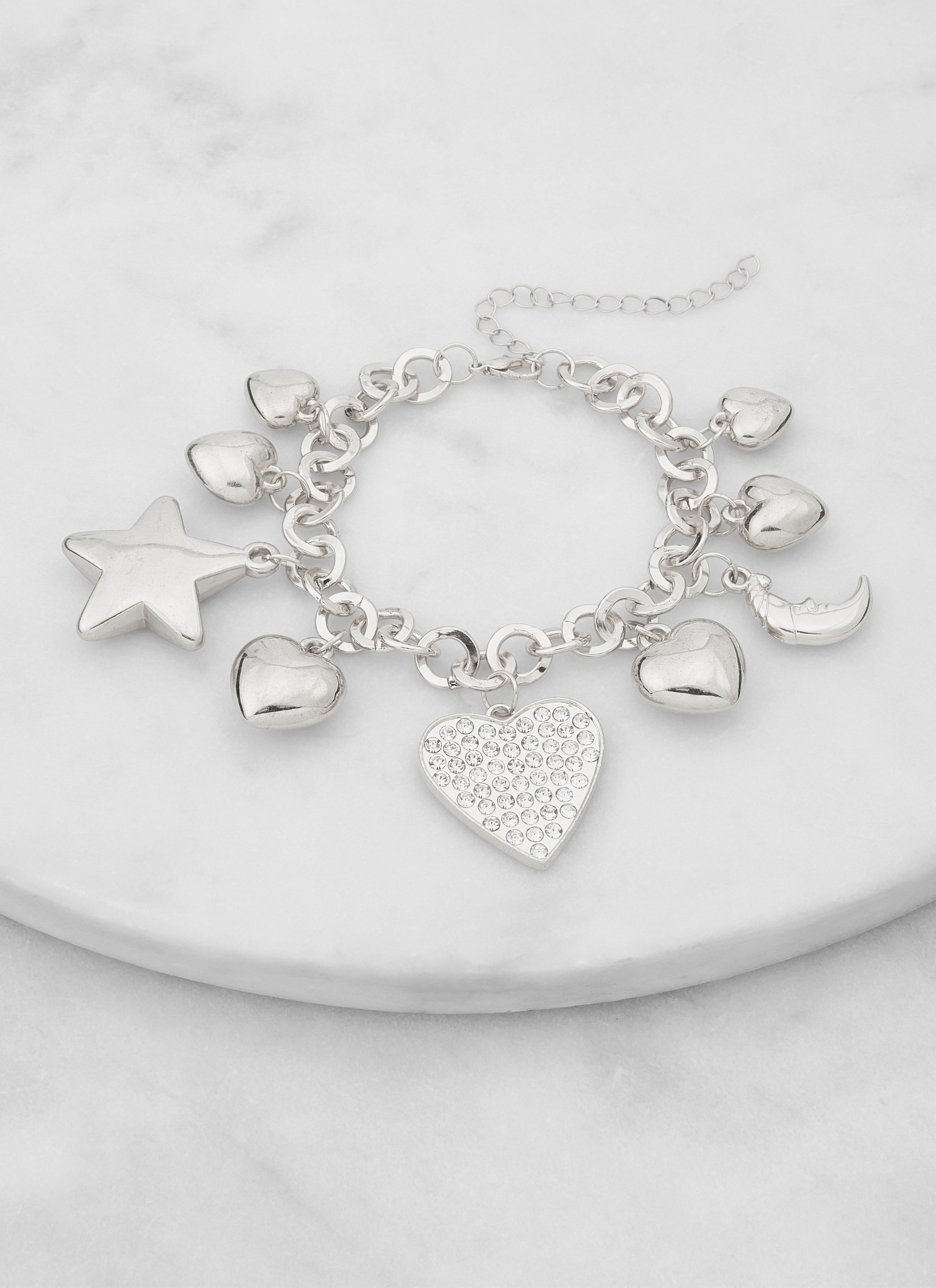 Rhinestone Heart Charm Bracelet sold by Rainbow