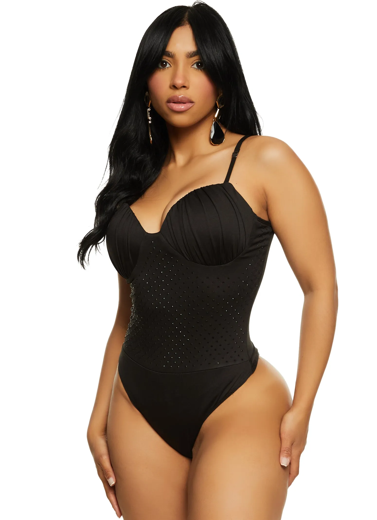 Ruched Rhinestone Bustier Bodysuit sold by Rainbow