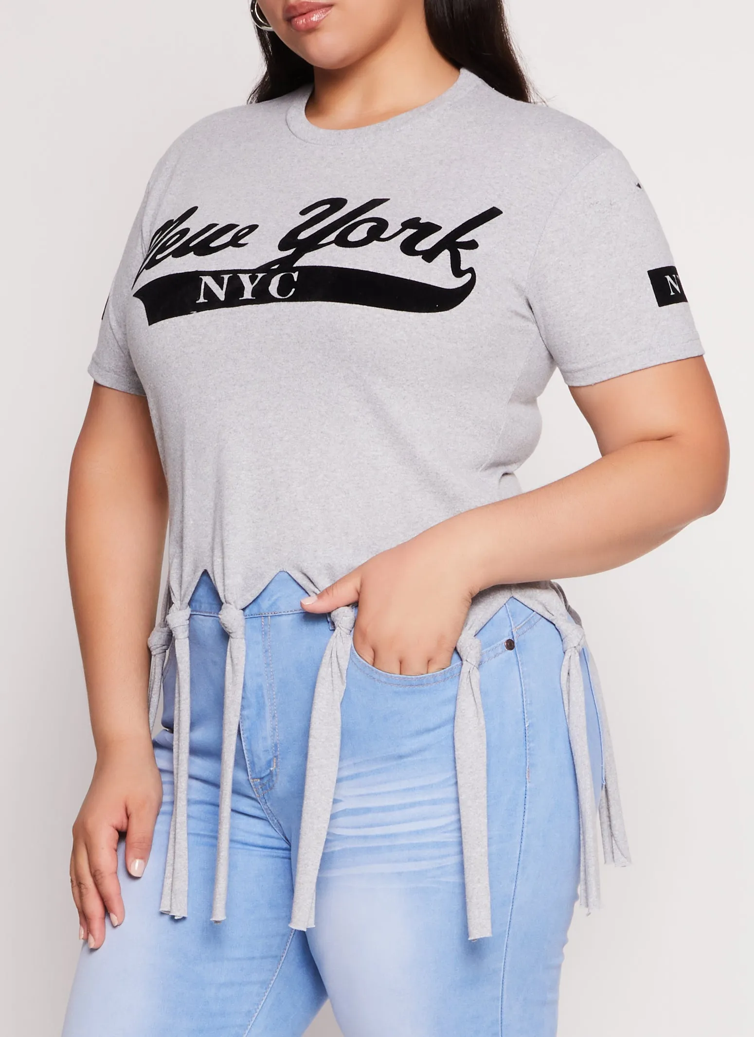 Plus Size New York Knot Fringe T Shirt sold by Rainbow