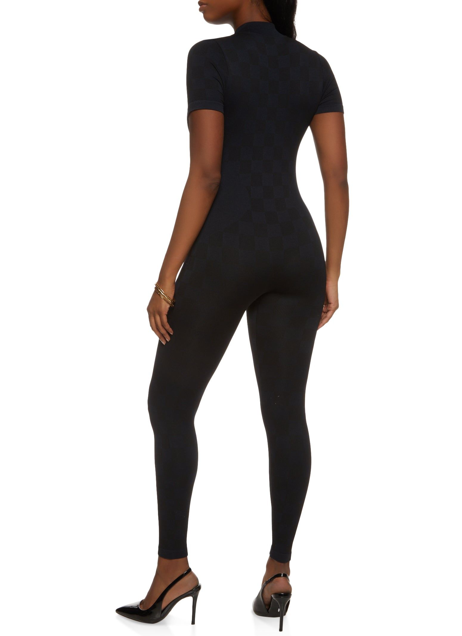 Rib Knit Checkered Zip Front Jumpsuit sold by Rainbow product image thumbnail 2