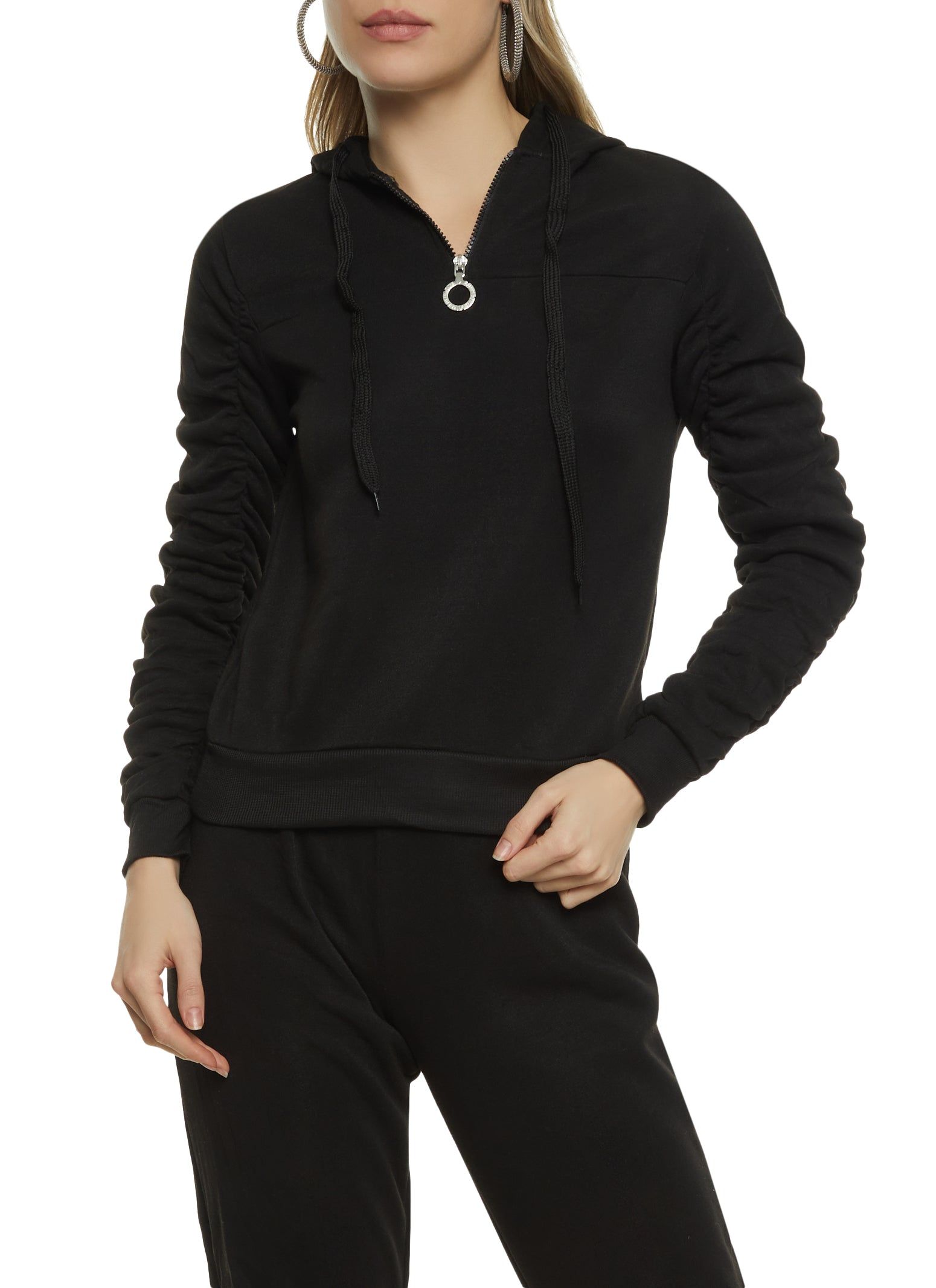 Ruched Sleeve Half Zip Hoodie sold by Rainbow