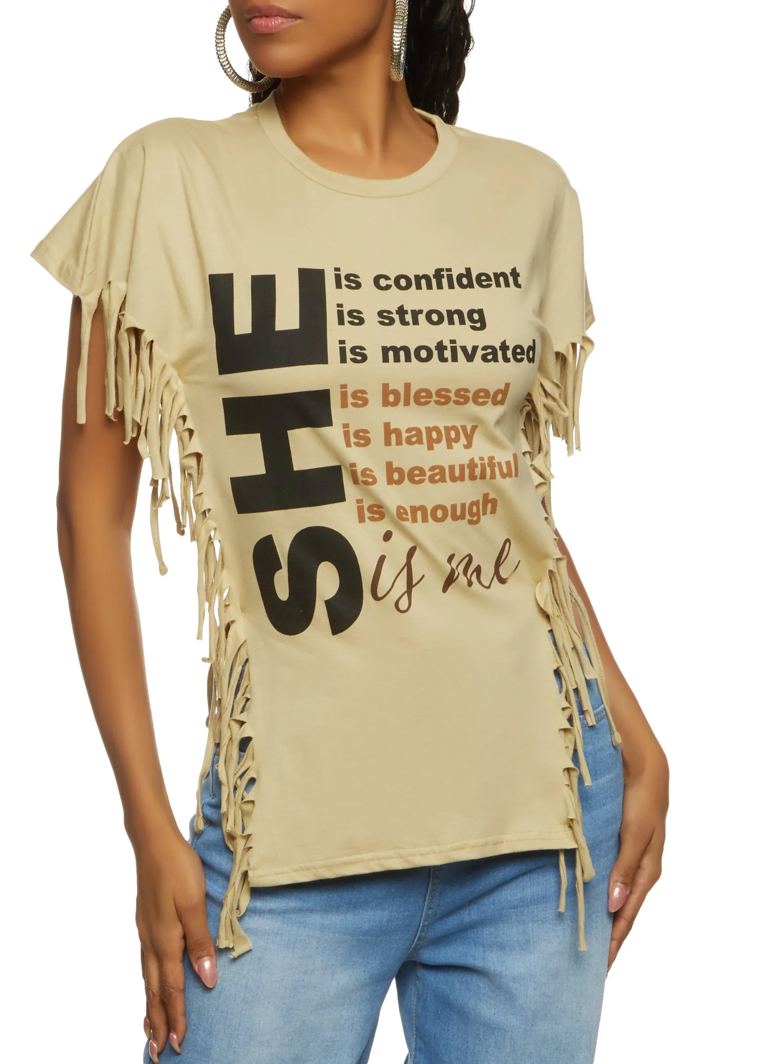 She Graphic Fringe Side Tie Tee sold by Rainbow