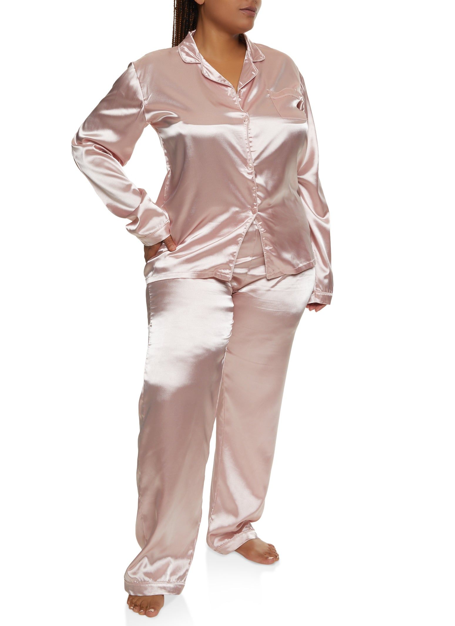 Plus Size Satin Long Sleeve Contrast Trim Pajama Shirt and Pants sold by Rainbow