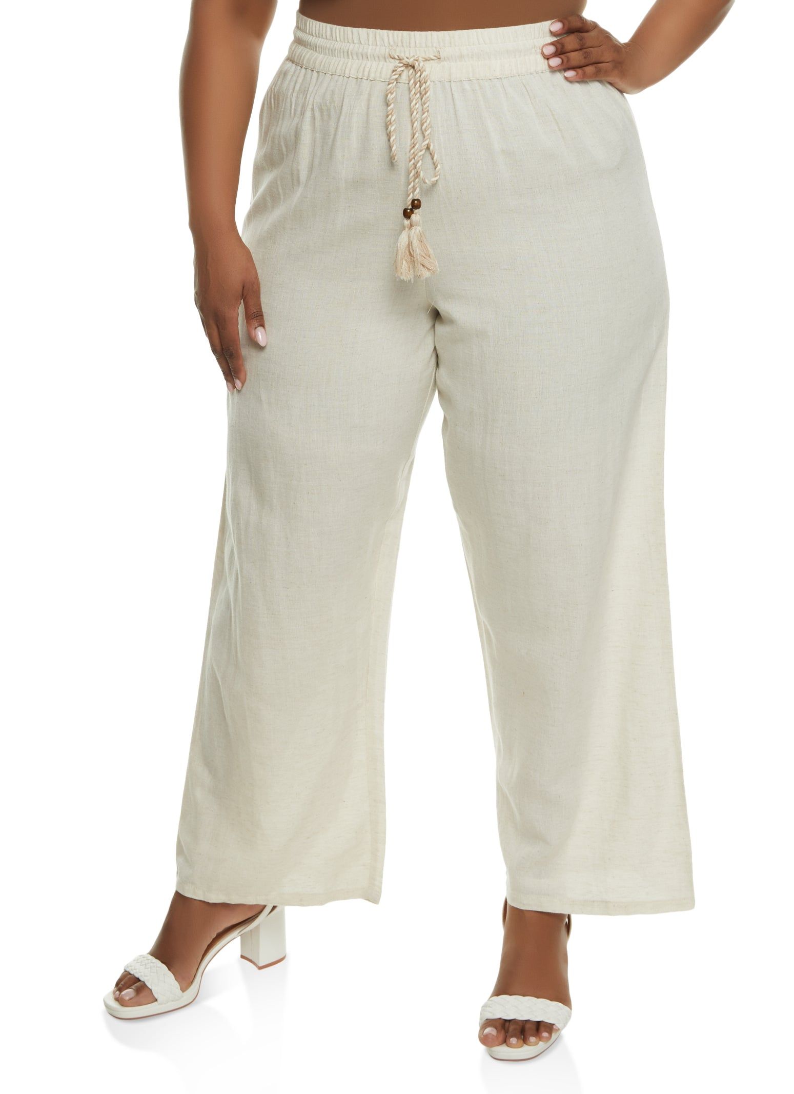 Plus Size Linen High Waist Drawstring Wide Leg Pants sold by Rainbow