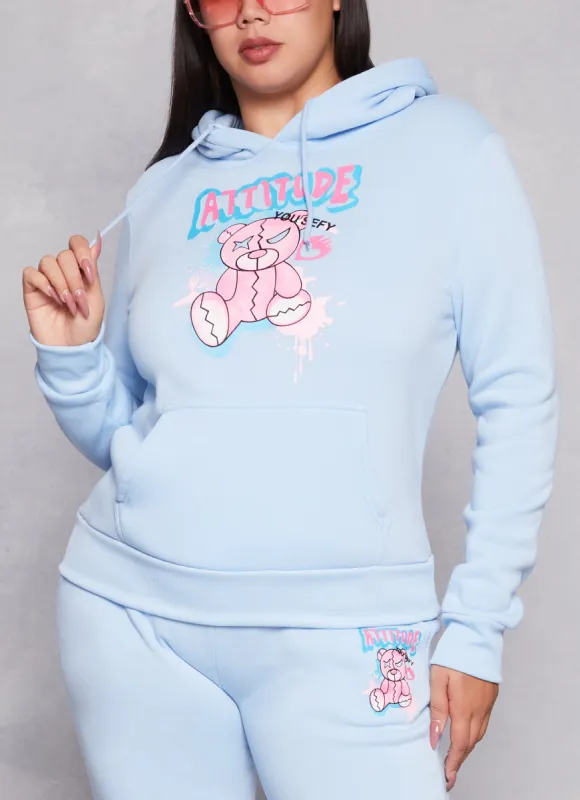 Plus Size Attitude Bear Graphic Pullover Hoodie sold by Rainbow