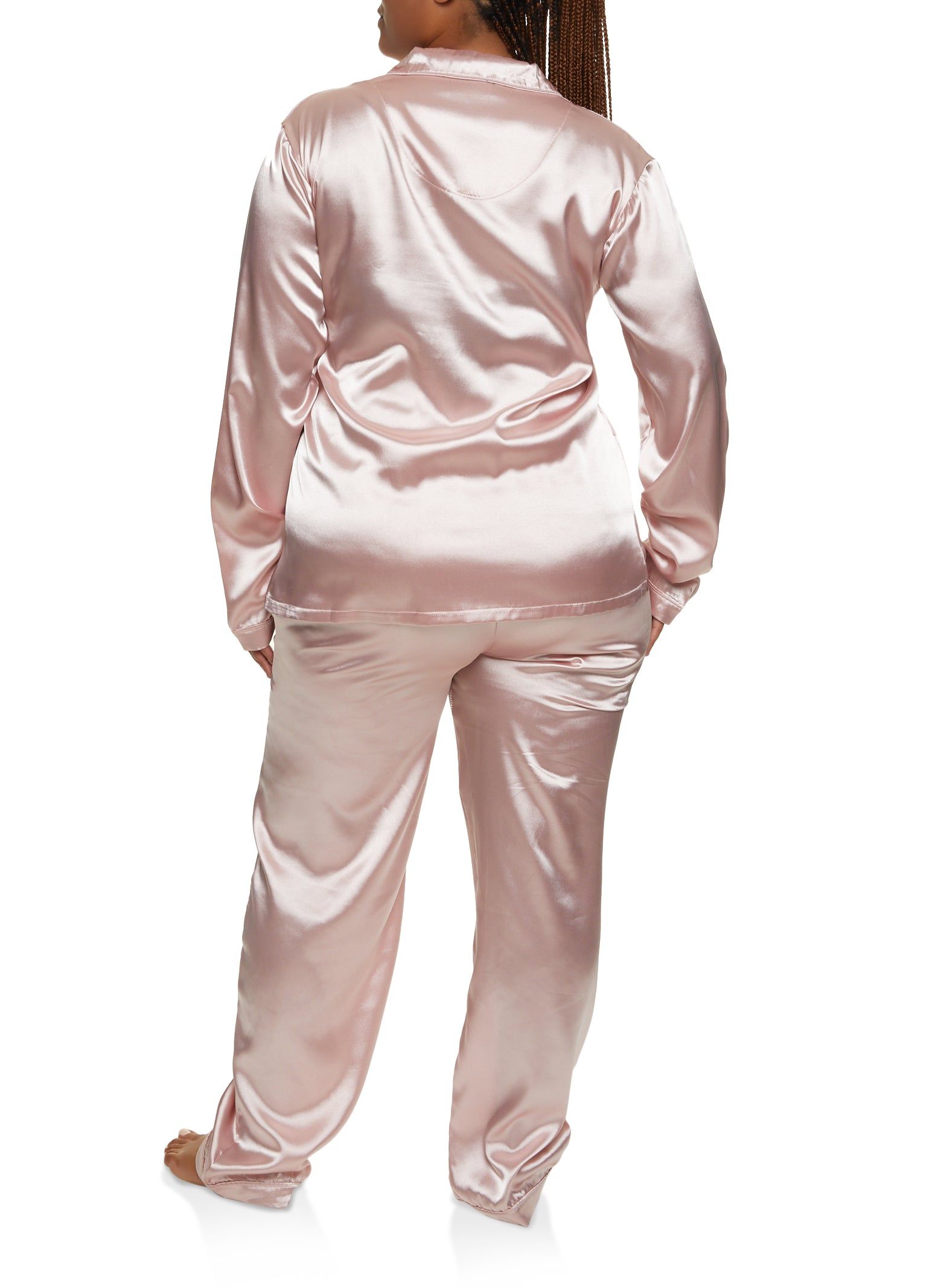 Plus Size Satin Long Sleeve Contrast Trim Pajama Shirt and Pants sold by Rainbow product image thumbnail 2