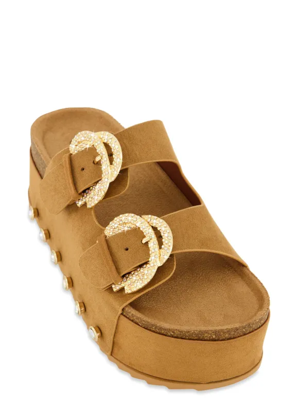 Faux Suede Rhinestone Buckle Platform Footbed Sandals sold by Rainbow