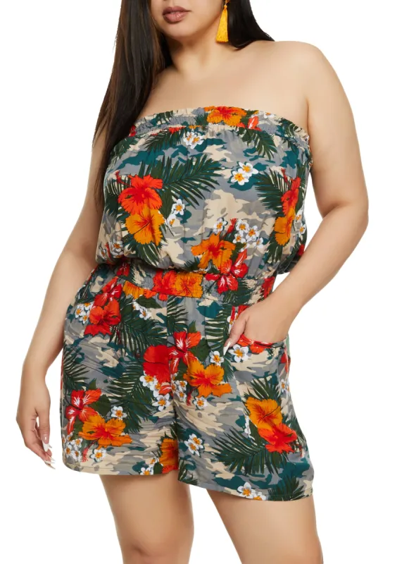 Plus Size Camo Floral Print Strapless Smocked Waist Romper sold by Rainbow