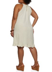 Plus Size Linen Beaded High Neck Shift Dress sold by Rainbow